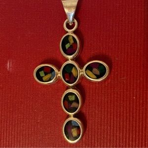 ATI 925 STERLING SILVER MULTI COLOR INLAY CROSS PENDANT BLACK 13.2g CHARM